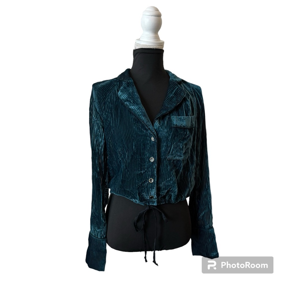Free People Velvet Striped Button Down Top Size S Teal Green Never Worn